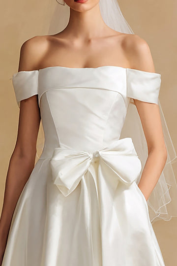 Off The Shoulder White A-Line Wedding Dress With Bow